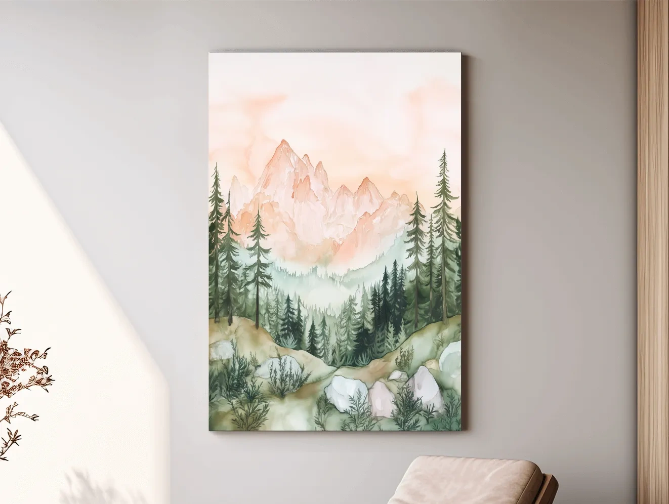 Pastel Watercolor Mountain Peaks & Pine Forest - Serene Alpine Landscape Artwork
