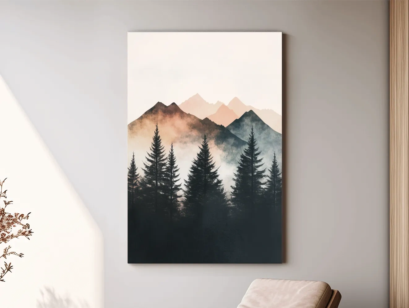 Foggy alpine forest watercolor painting, mountain art