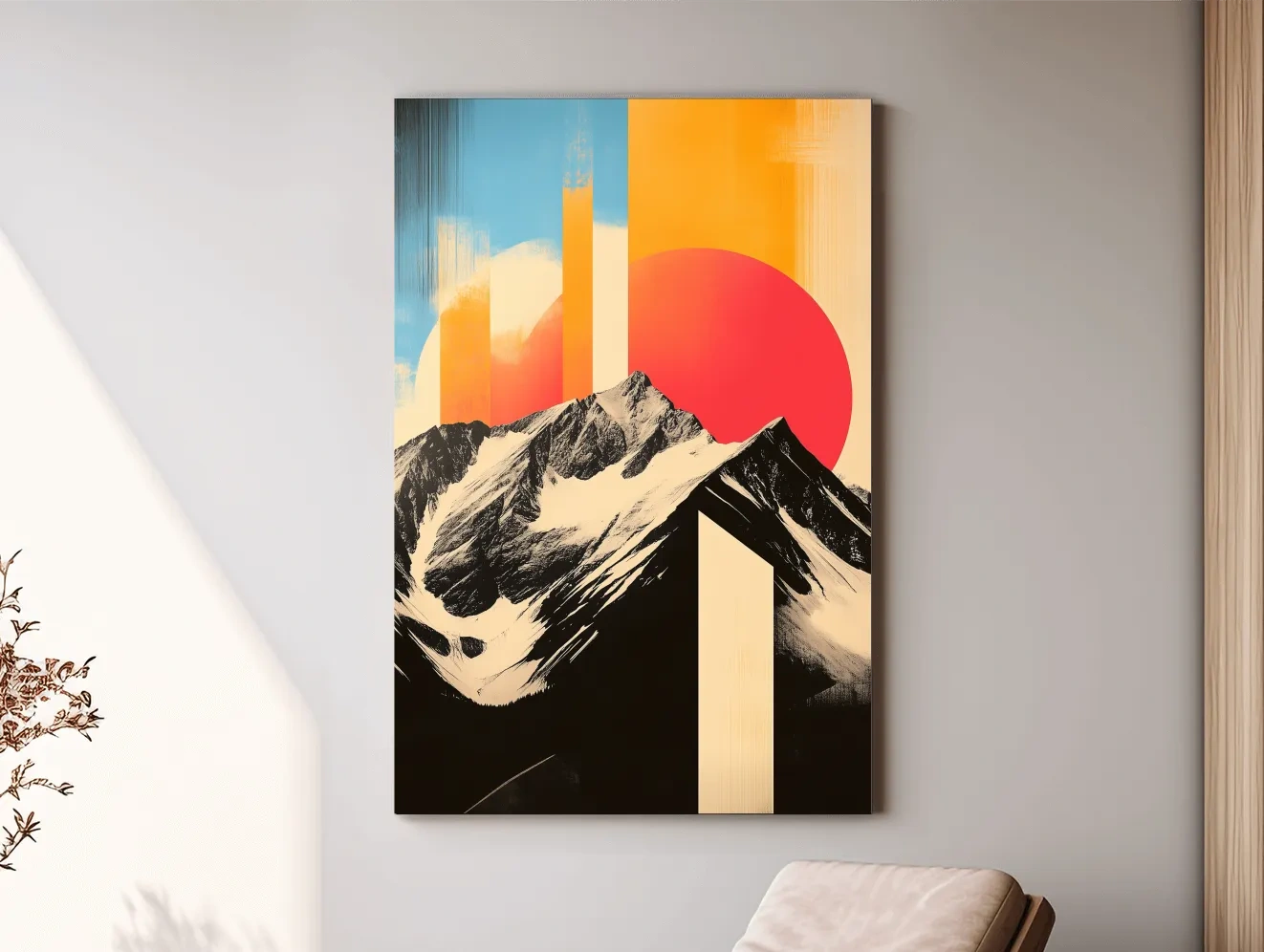 Retro Snowcapped Mountain Sunset Collage - Modern Geometric Landscape Wall Art