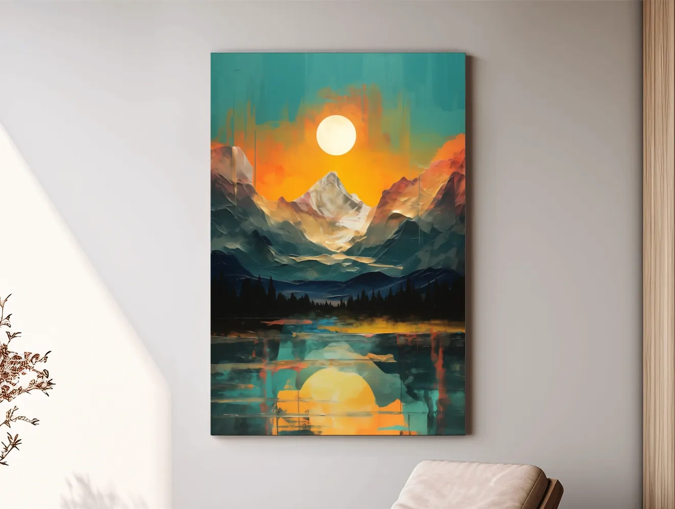 Vibrant Abstract Mountain Lake Sunset - Colorful Landscape Wall Art
