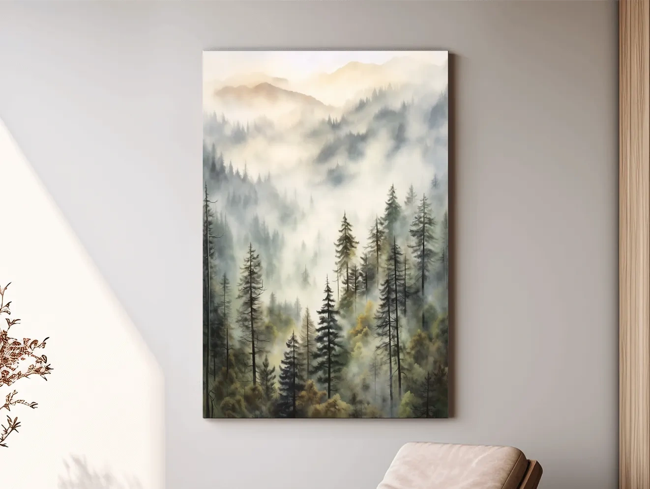 Misty Pine Forest Mountains Watercolor - Serene Foggy Landscape Wall Art