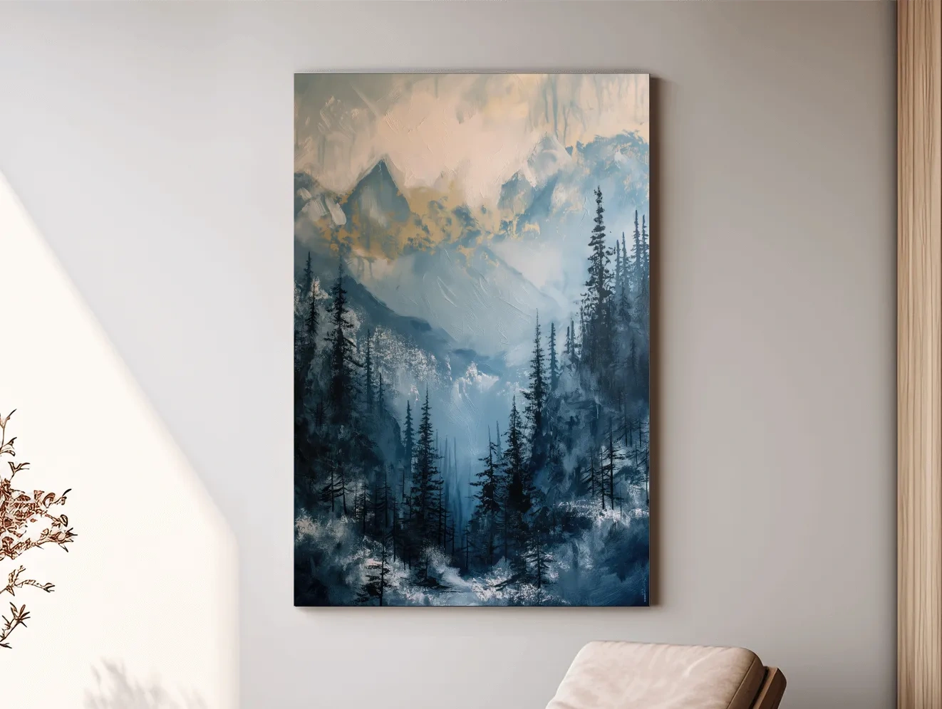 Moody Misty Blue Mountain Forest Painting - Alpine Landscape Wall Art