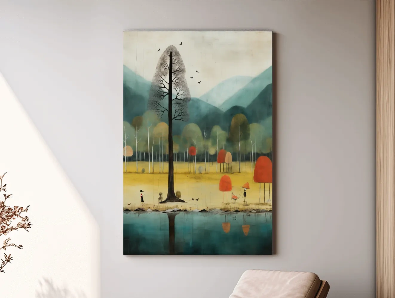 Whimsical Autumn Forest Lake Landscape - Quirky Nature Wall Art