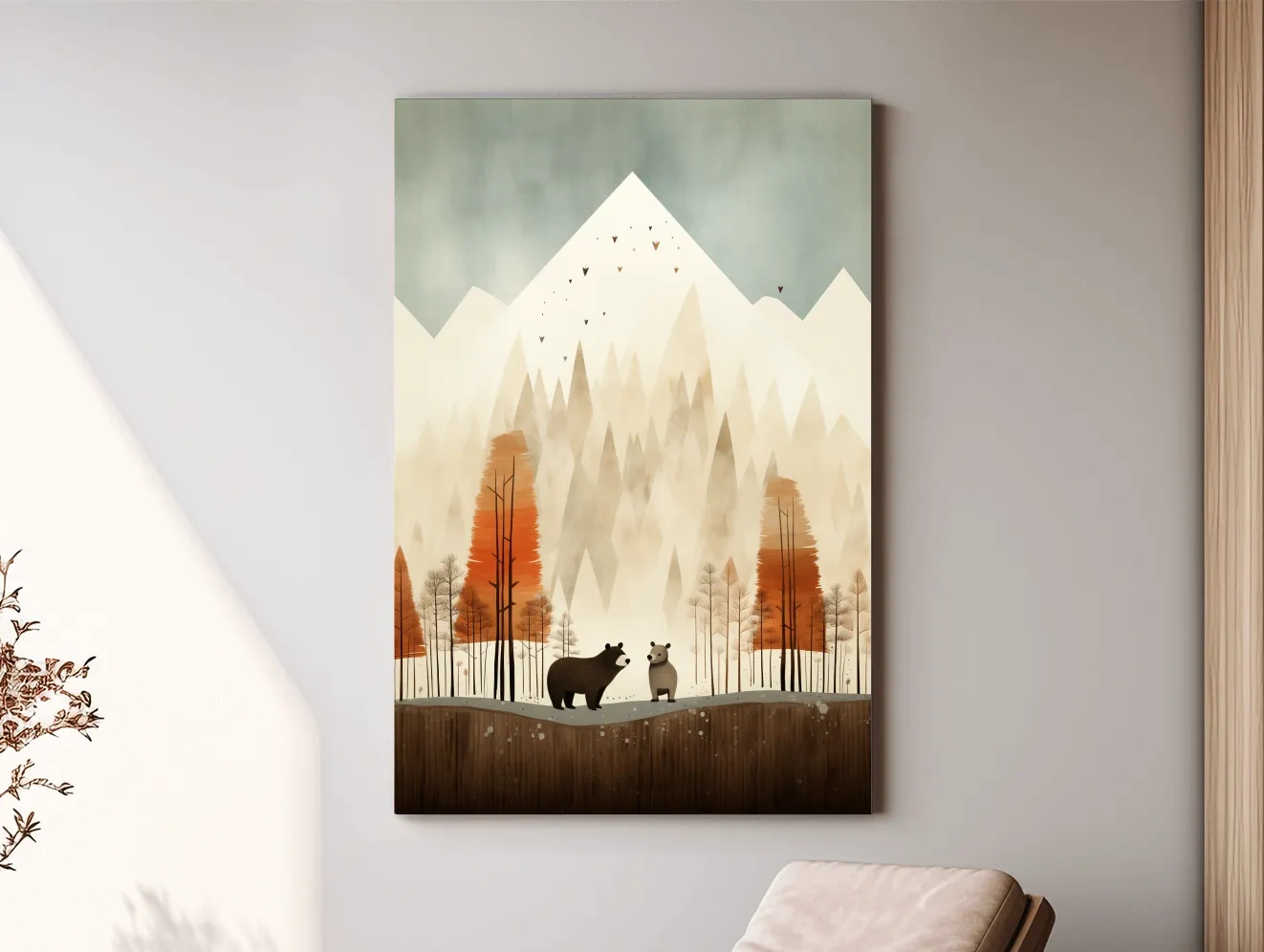 Whimsical Bear Family Autumn Forest Illustration - Nursery Woodland Wall Art
