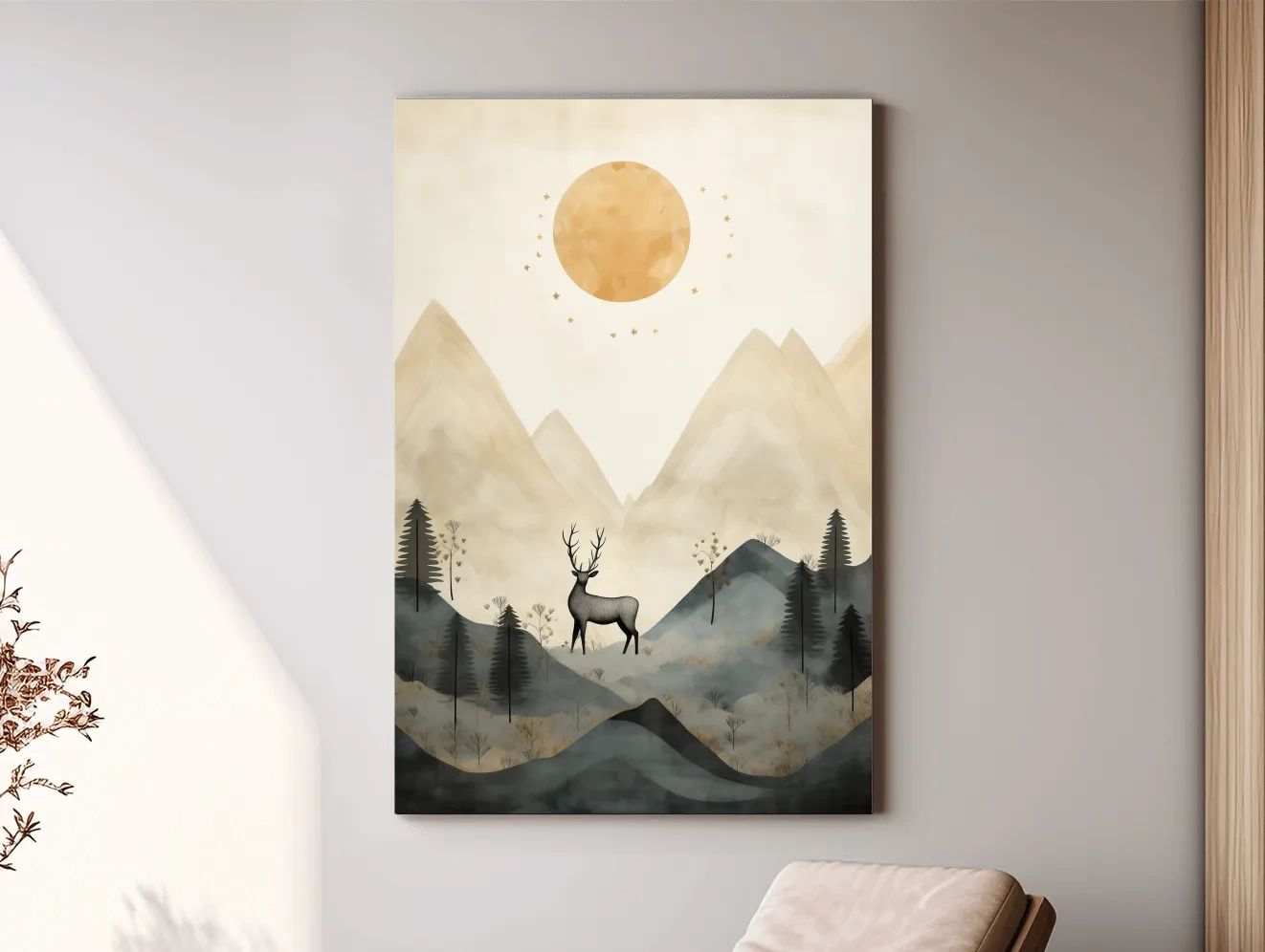 Boho Deer In Misty Mountains - Woodland Landscape Wall Art