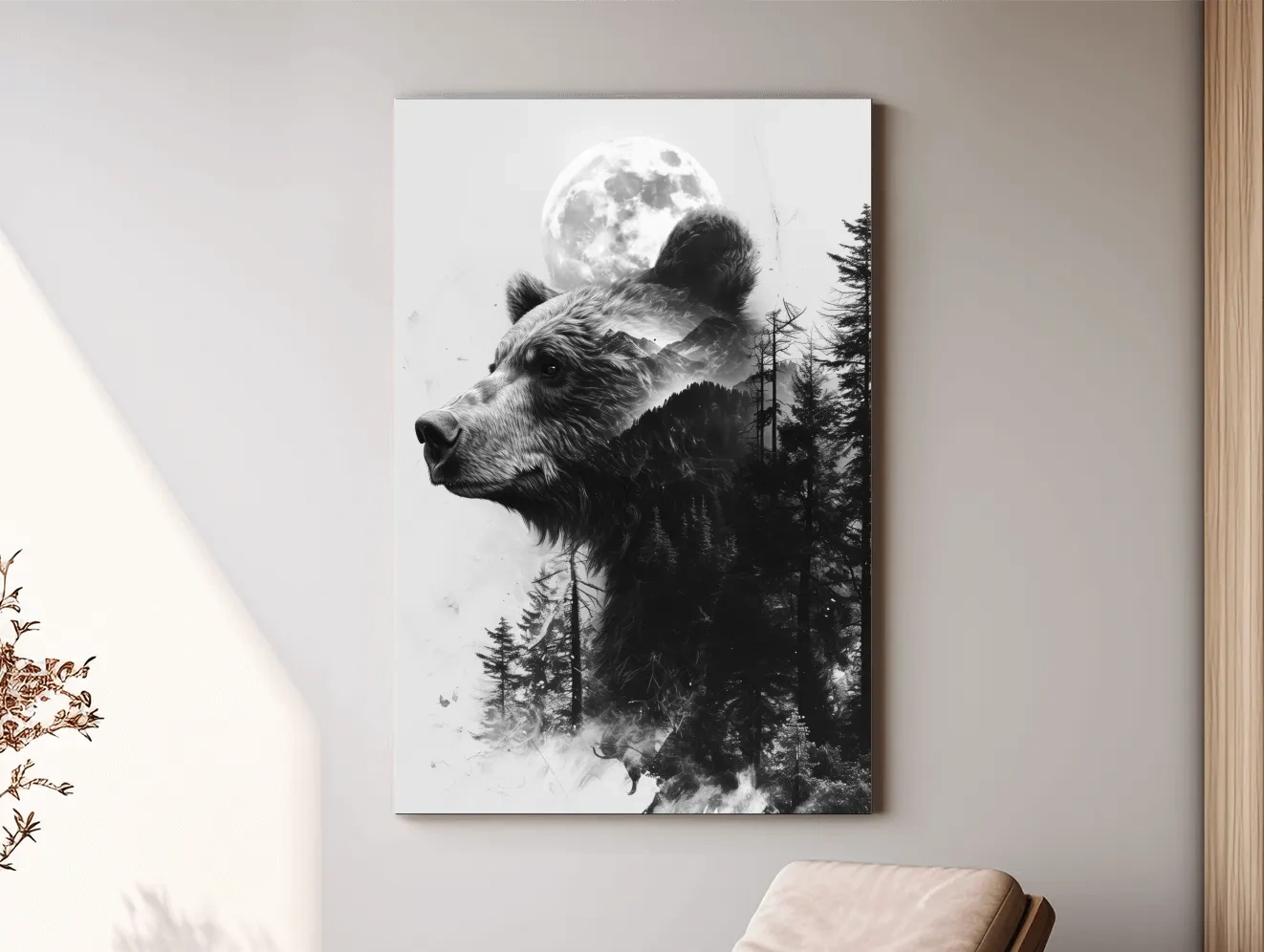 Grizzly Bear Double Exposure Drawing - Moonlit Pine Forest Wildlife Wall Art