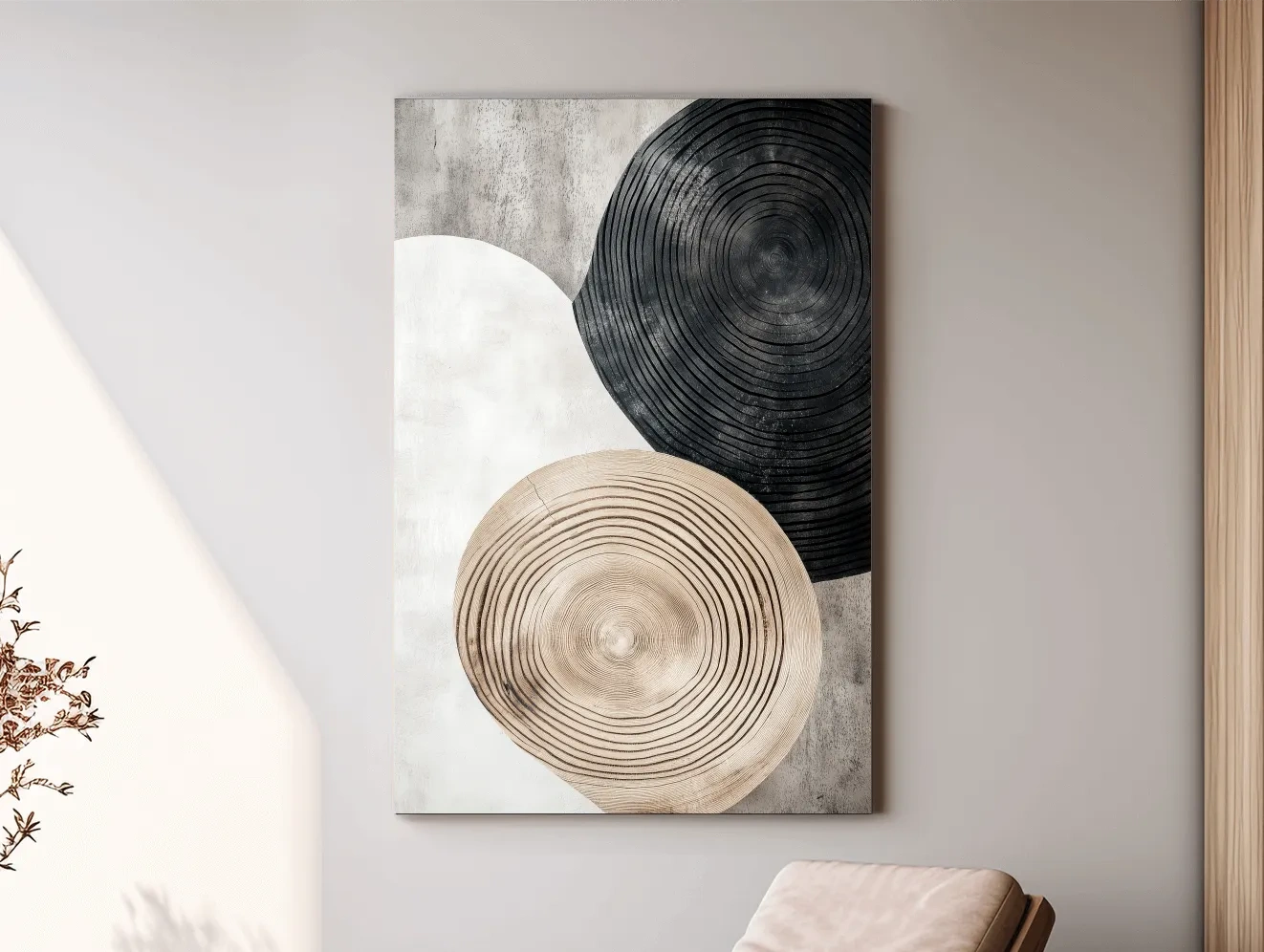 Minimalist Black Beige Wood Grain Circles - Modern Rustic Wall Art