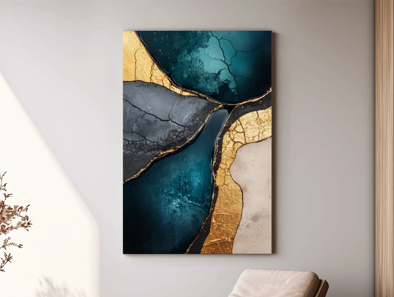 Elegant wall art, gold and teal cracked natural texture elements