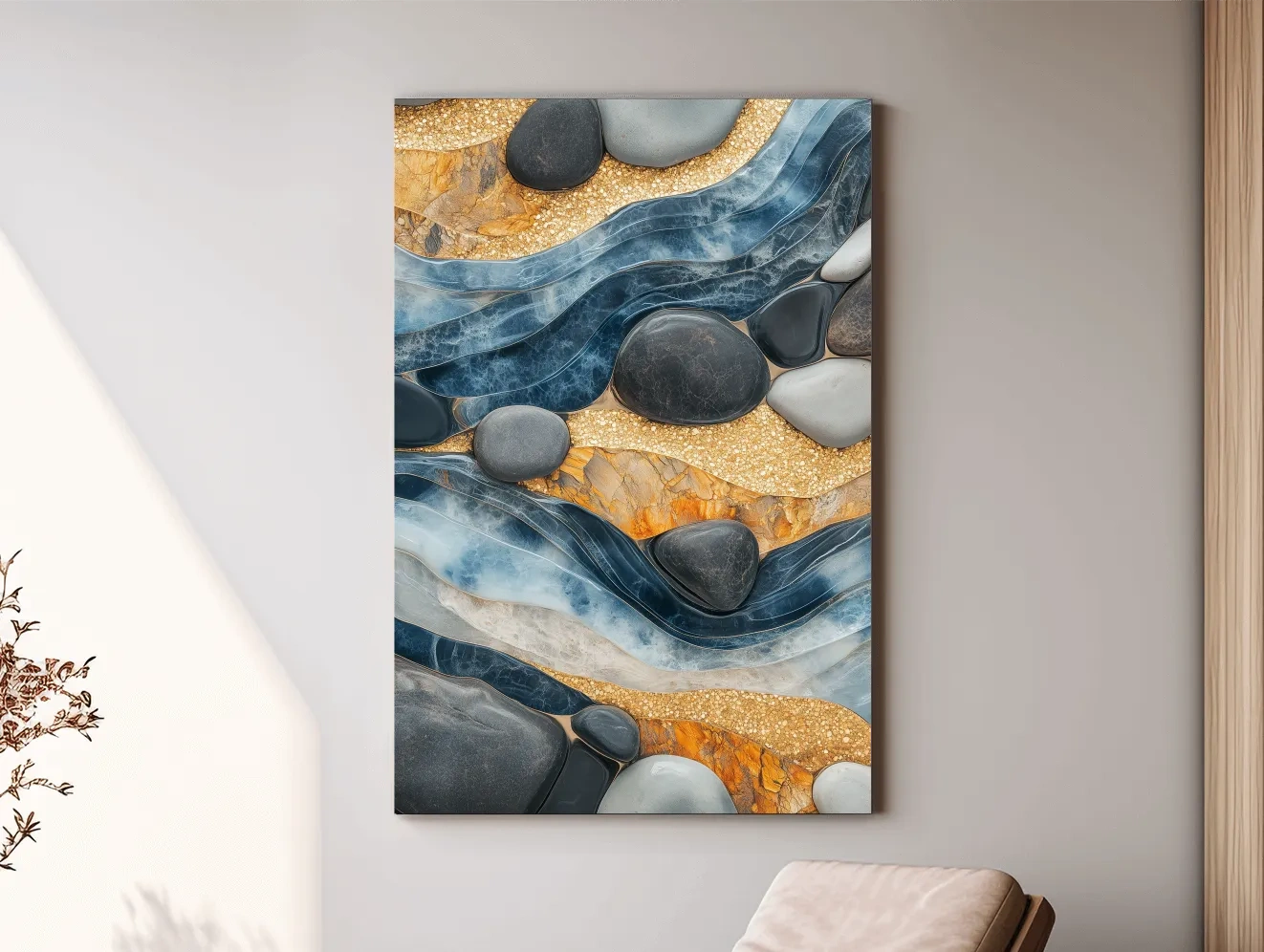 Abstract Blue River Stone Mosaic - Modern Pebble Texture Wall Art