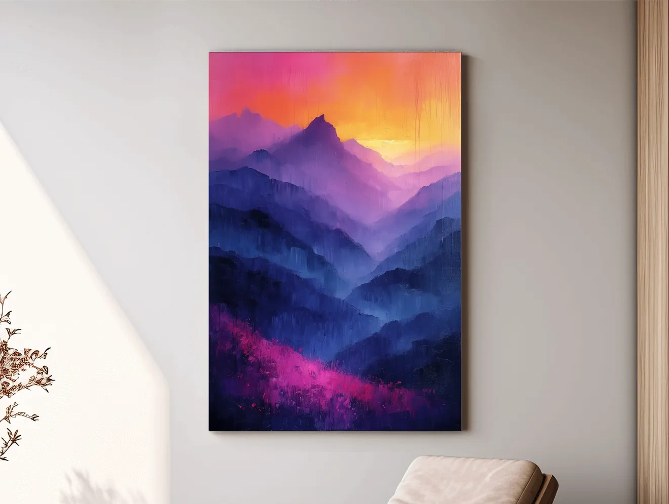 Colorful mountain sunset artwork, vibrant oil painting effect