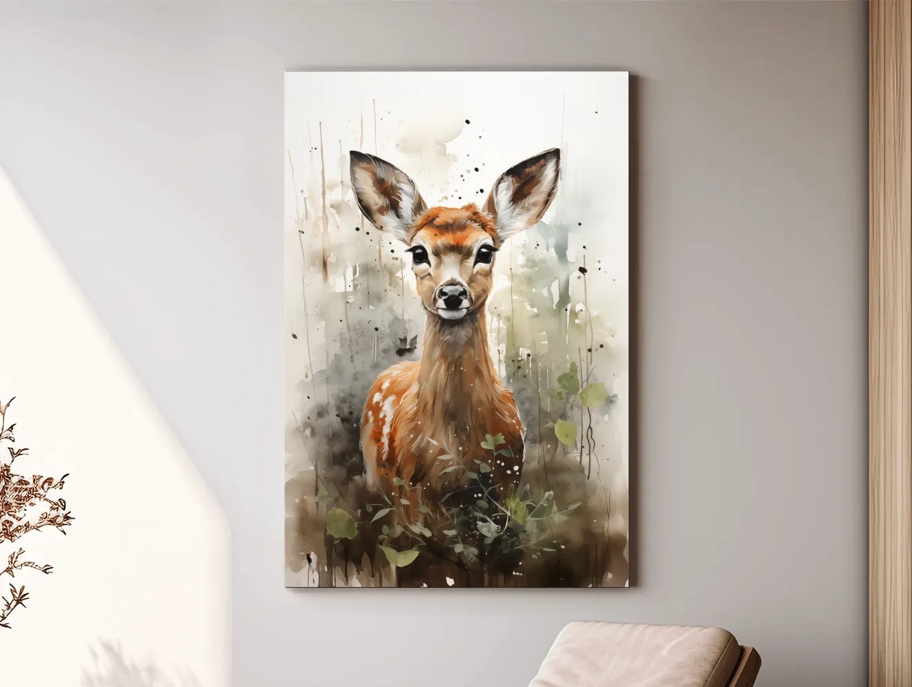 Whimsical Baby Deer Watercolor Portrait - Woodland Nursery Wall Art