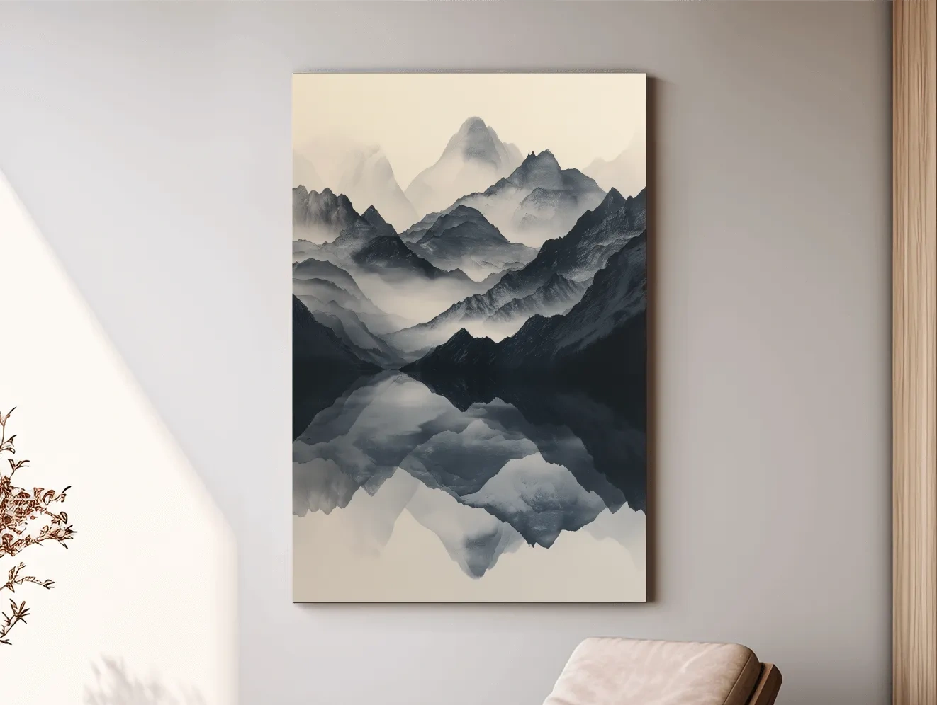 Monochrome Misty Mountain Reflection Landscape - Minimalist Japandi Wall Art