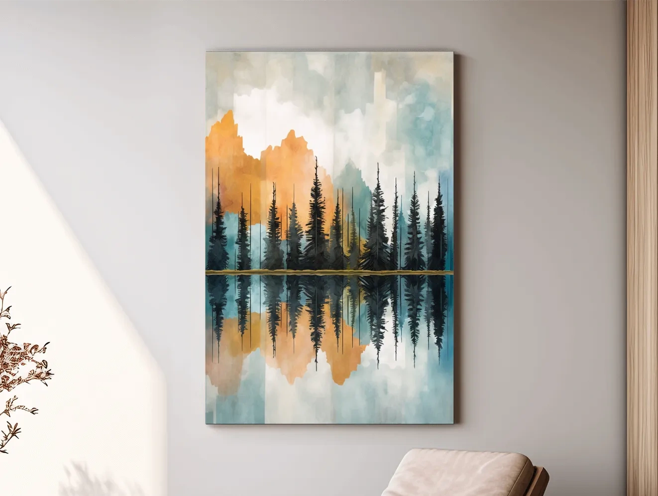 Abstract Watercolor Mountain Lake Reflection - Alpine Forest Landscape Artwork