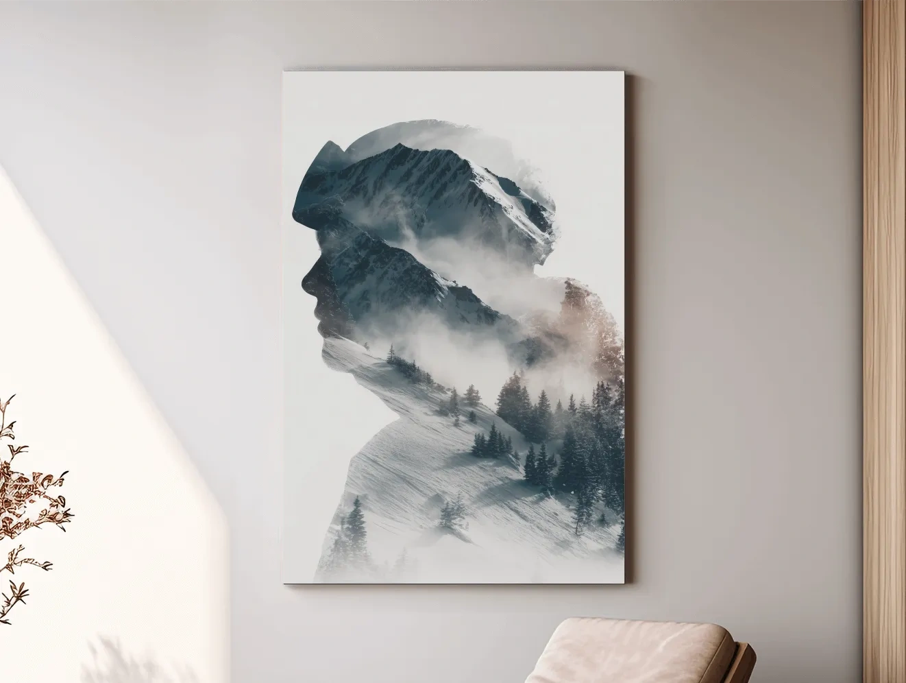 Surreal Double Exposure Skier & Mountain Portrait - Moody Misty Alpine Forest Wall Art