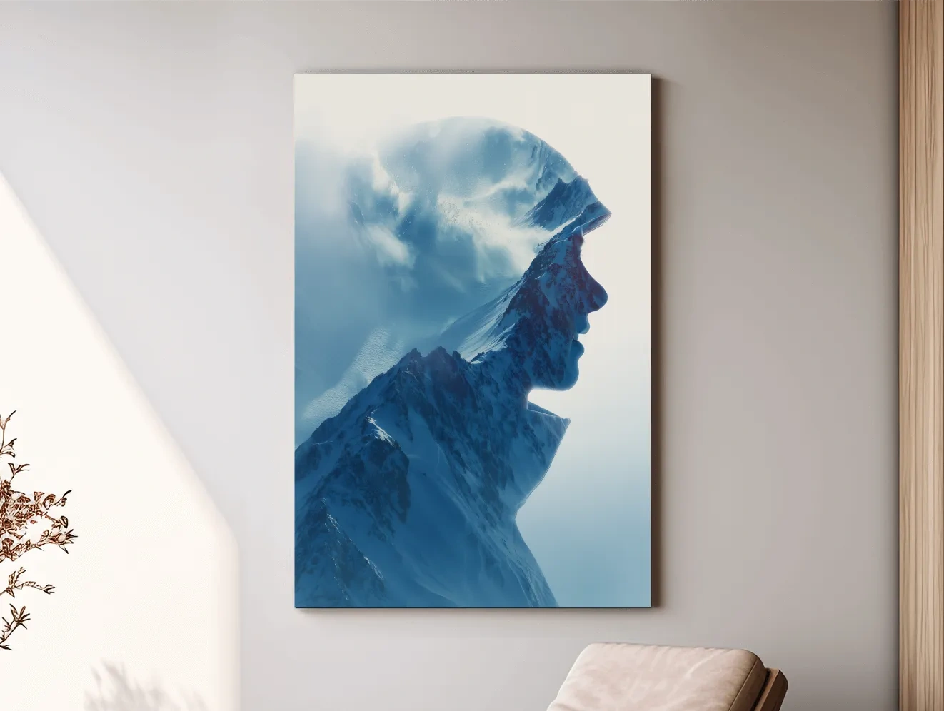 Double Exposure Mountain & Skier Portrait - Modern Snowy Alpine Wall Art