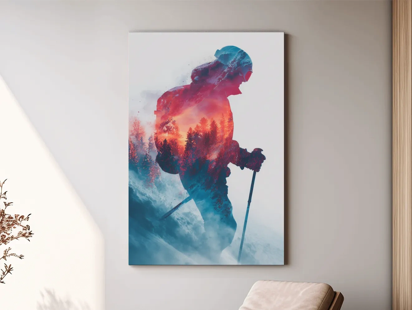 Double Exposure Skiier Silhouette Forest Sunset - Adventure Mountain Landscape Artwork