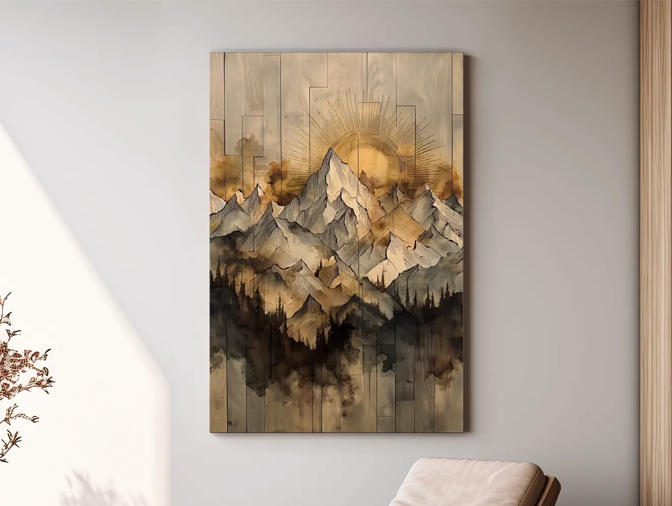 Sunrise Alpine Mountain Range Illustration - Rustic Watercolor Landscape Wall Art