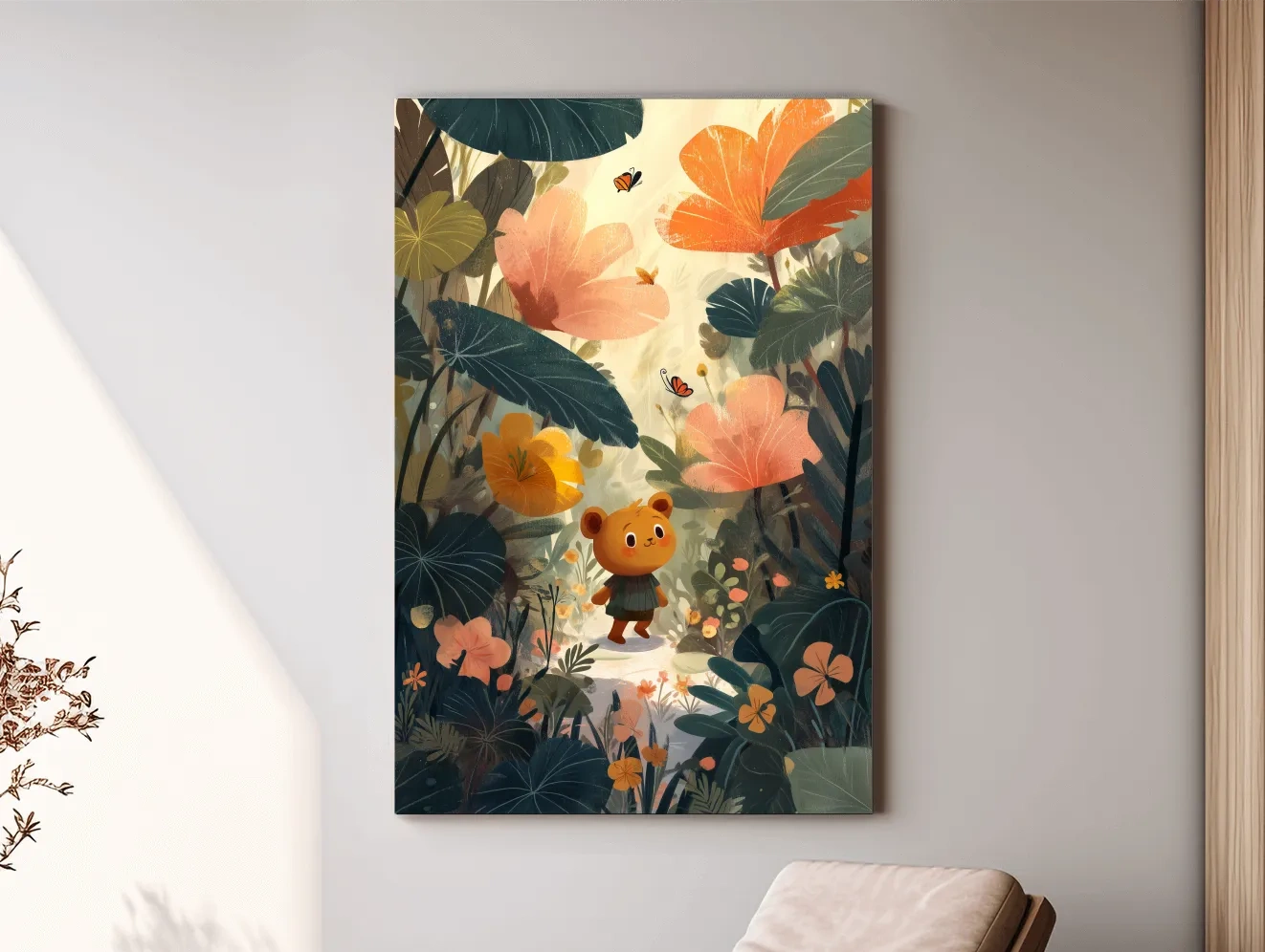 Whimsical Teddy Bear In Enchanted Garden - Cute Childrens Nursery Wall Art