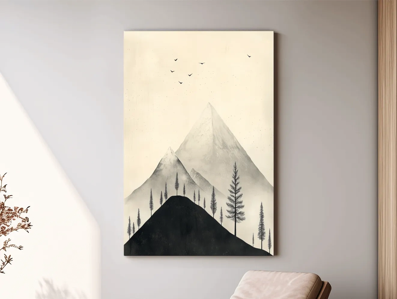 Minimalist Misty Mountain Peaks With Pine Trees - Monochrome Scandinavian Landscape Artwork