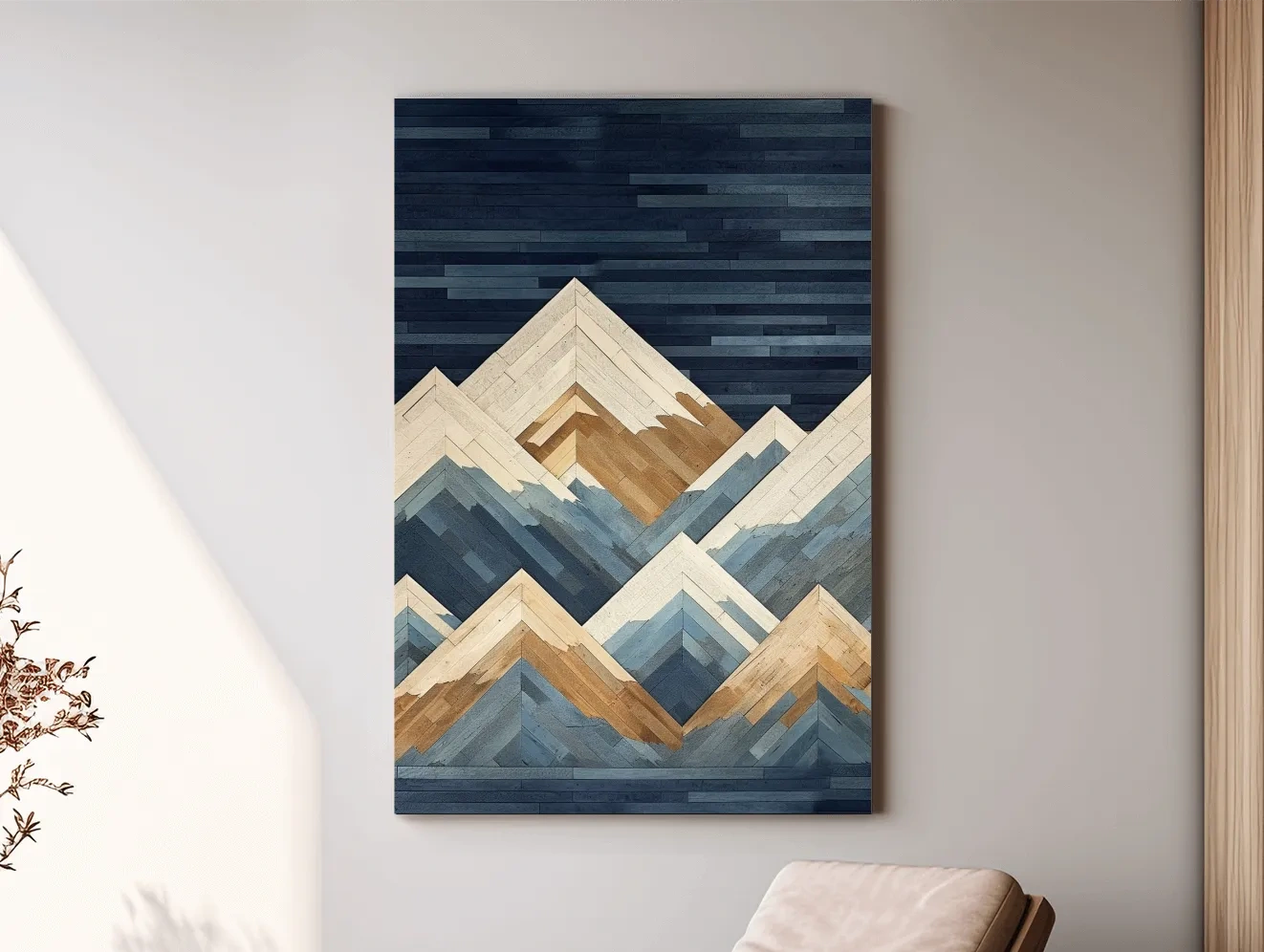 Geometric Layered Mountain Peaks - Wood Texture Landscape Wall Art
