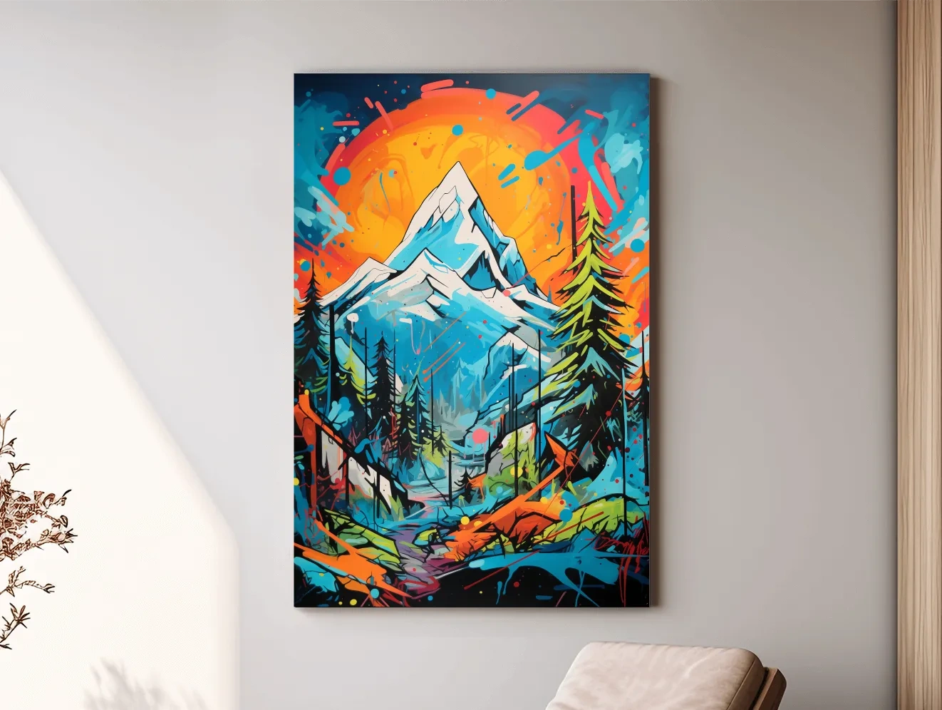 Vibrant Abstract Mountain Sunset Graffitti Painting - Colorful Pop Art Alpine Wall Art