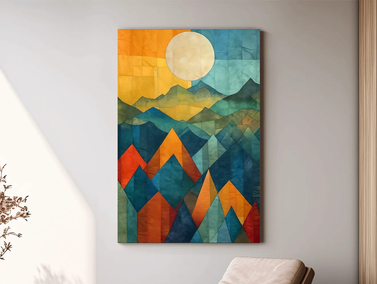Geometric Patchwork Sunlit Mountain Range Painting - Colorful Abstract Alpine Wall Art