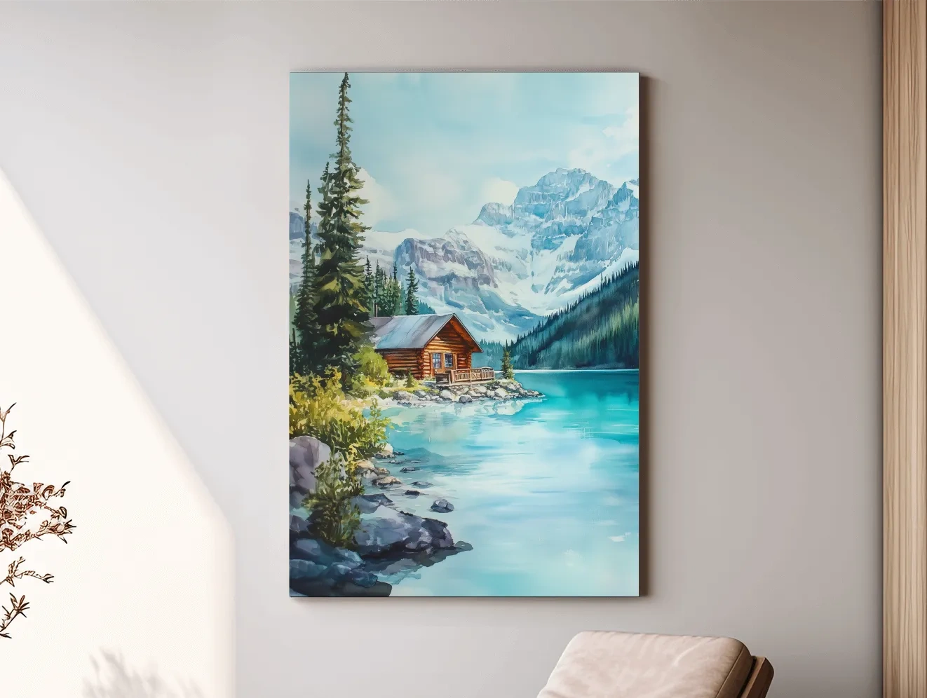 Turquoise Alpine Lake Cabin Watercolor - Serene Snowy Mountain Wall Art