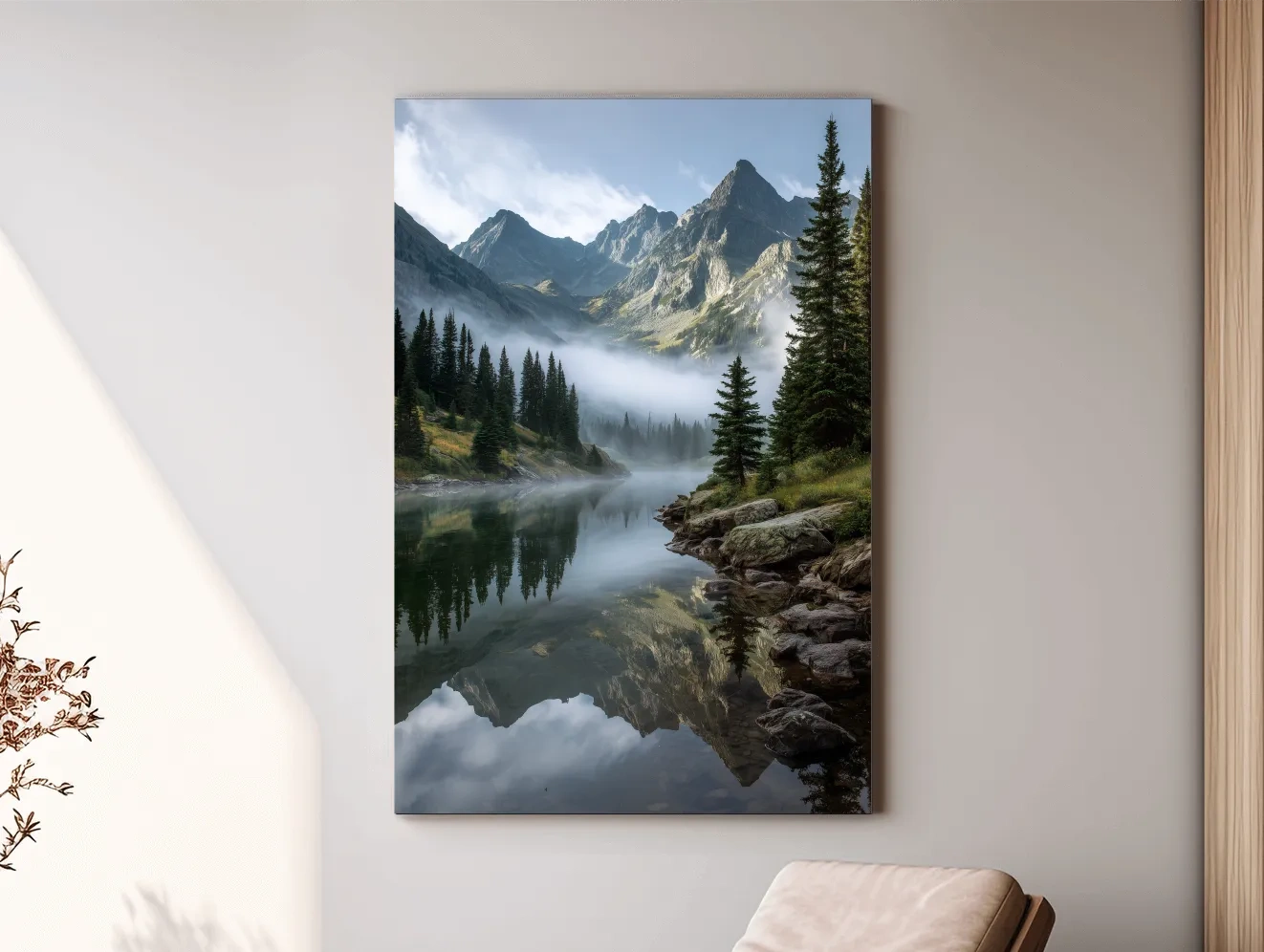 Misty Alpine Lake Photography - Serene Mountain Forest Wall Art