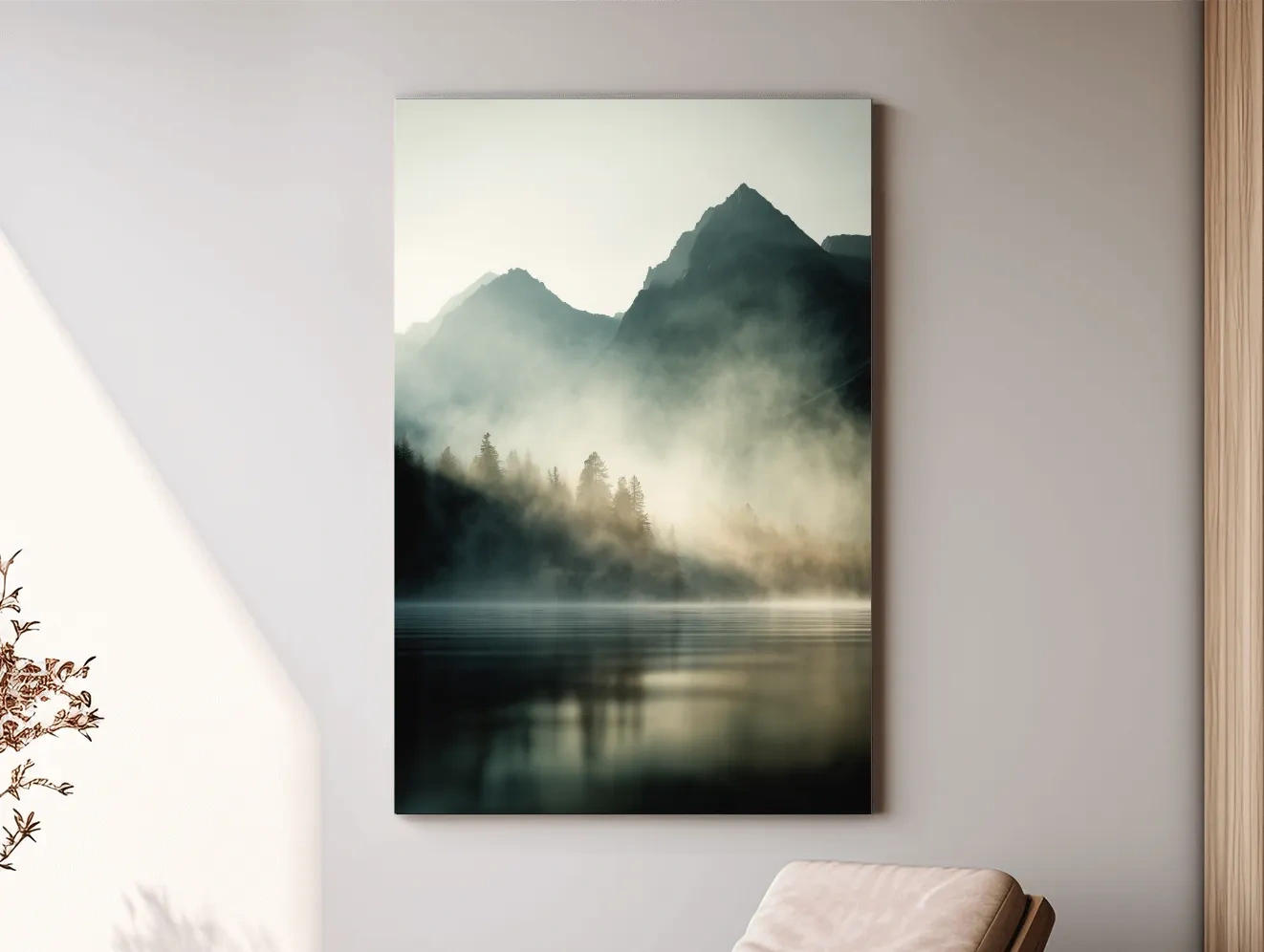 Moody Misty Mountain Lake Landscape - Serene Foggy Pine Forest Wall Art