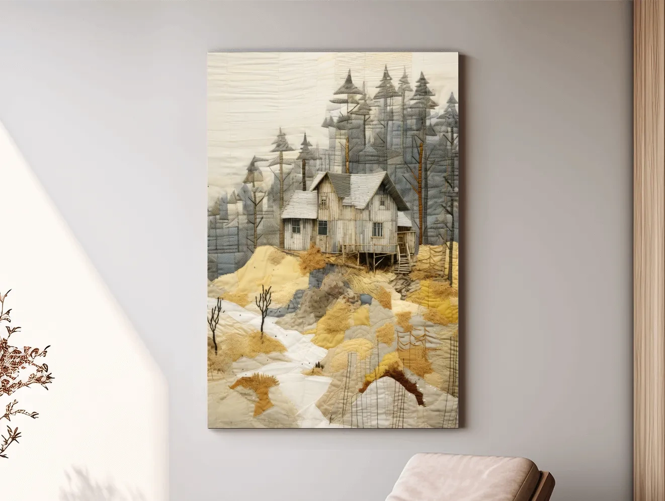 Rustic Woodland Cabin Landscape Quilt Art - Patchwork Style Mixed Media Wall Art