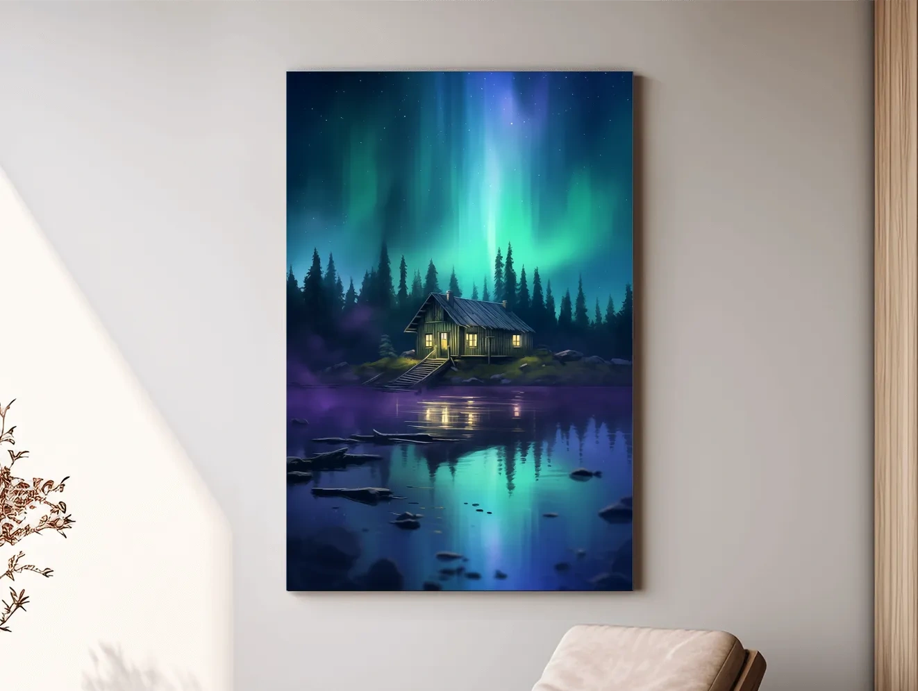 Vibrant Northern Lights Cabin Lake Painting - Aurora Borealis Night Wall Art