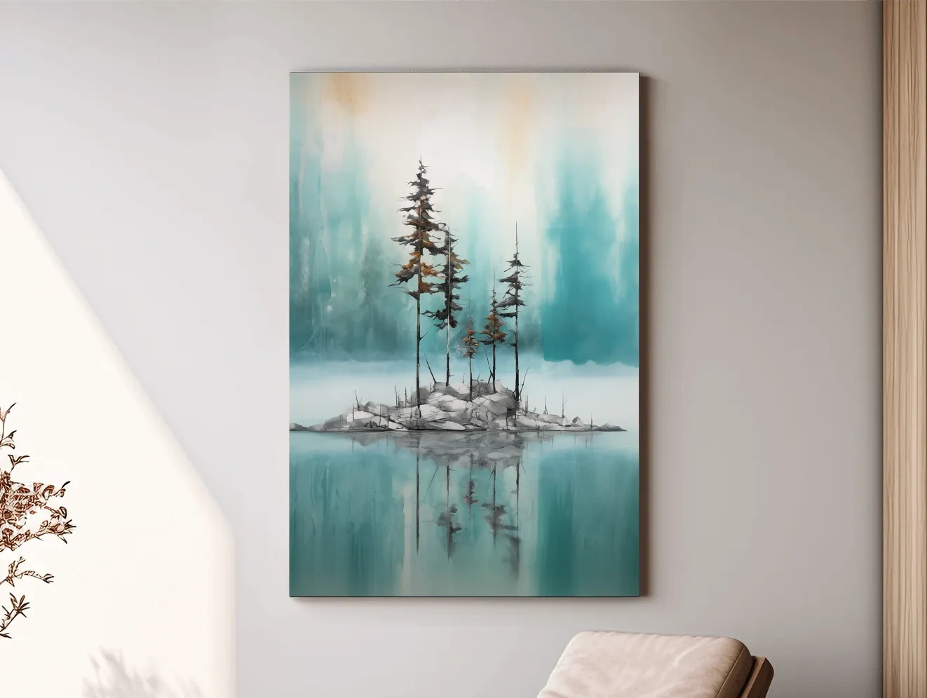 Misty Pine Trees Reflection - Watercolor Turquoise Alpine Lake Wall Art