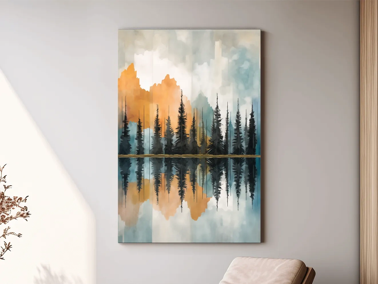 Abstract Watercolor Mountain Lake Reflection - Alpine Forest Landscape Artwork