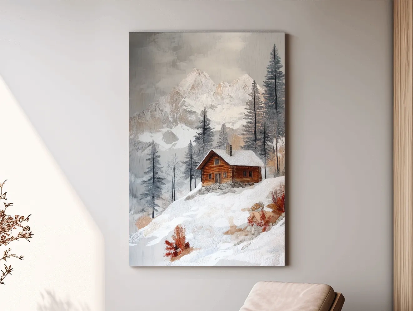 Snowy Mountain Cabin Landscape Painting - Rustic Winter Wilderness Wall Art