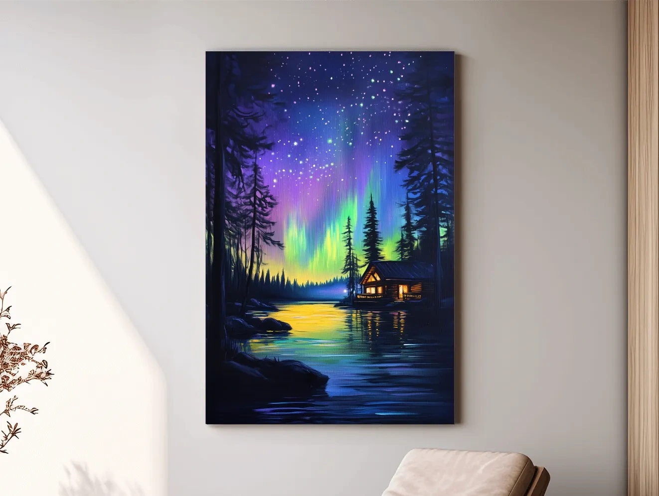 Vibrant Northern Lights Lakeside Cabin Painting - Aurora Borealis Night Landscape Wall Art