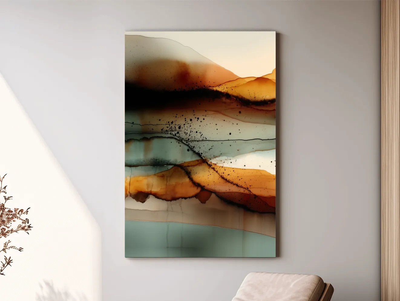 Earth Tone Ink Wash Mountain Landscape - Abstract Modern Wall Art