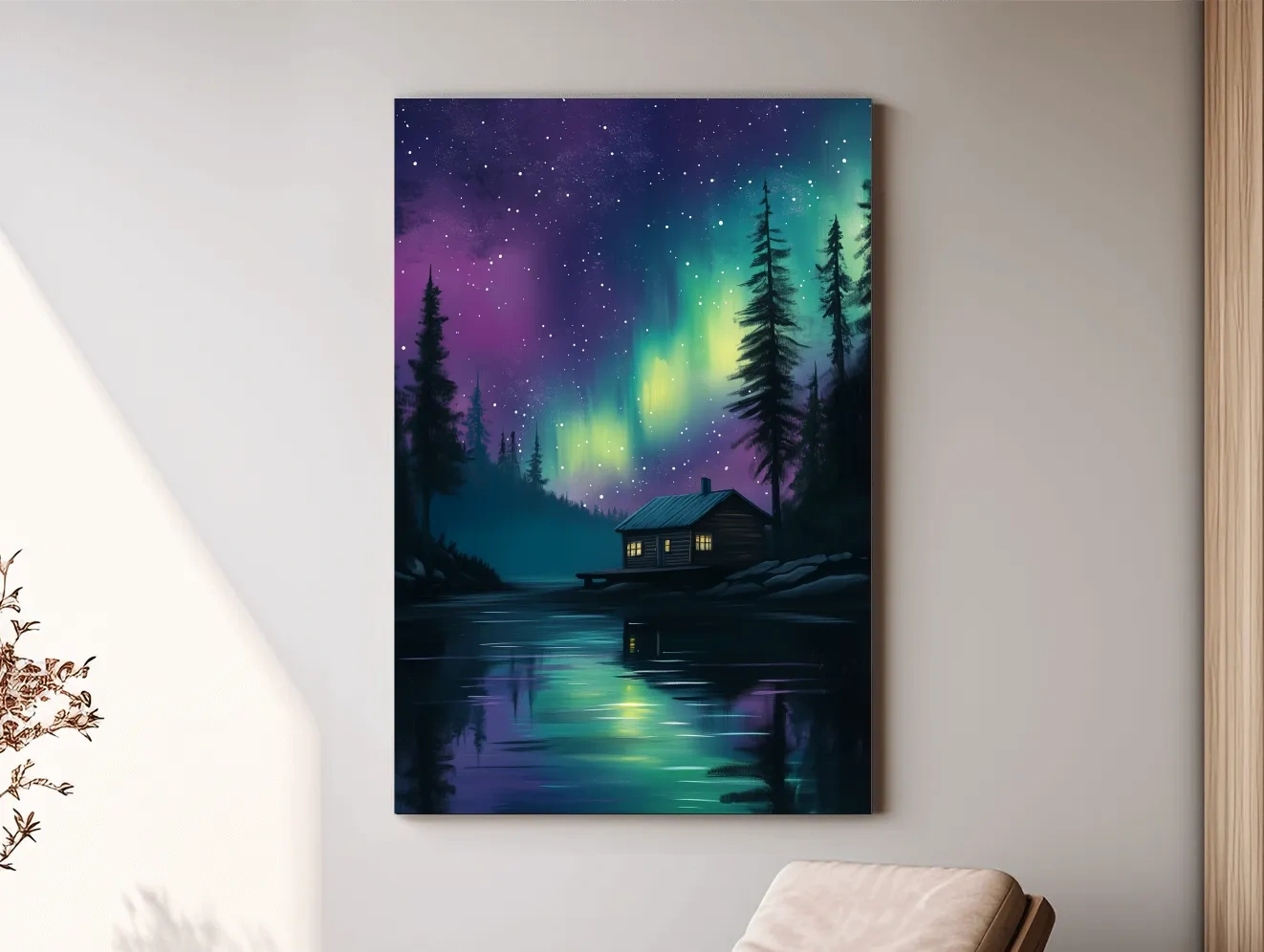 Aurora Borealis Lake Cabin Painting - Northern Lights Wall Art