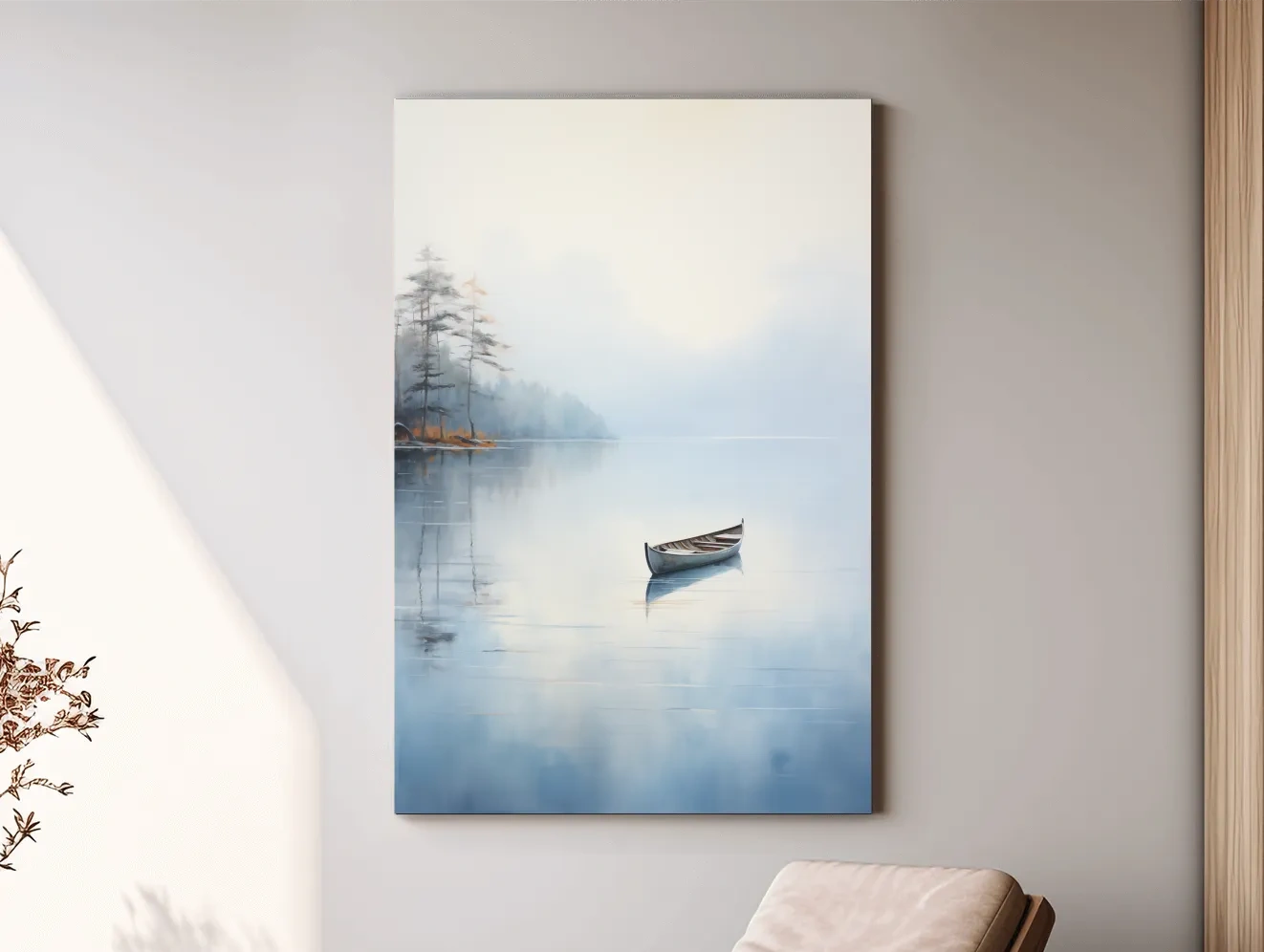 Misty Lake Canoe Reflection Painting - Serene Minimalist Waterscape Wall Art