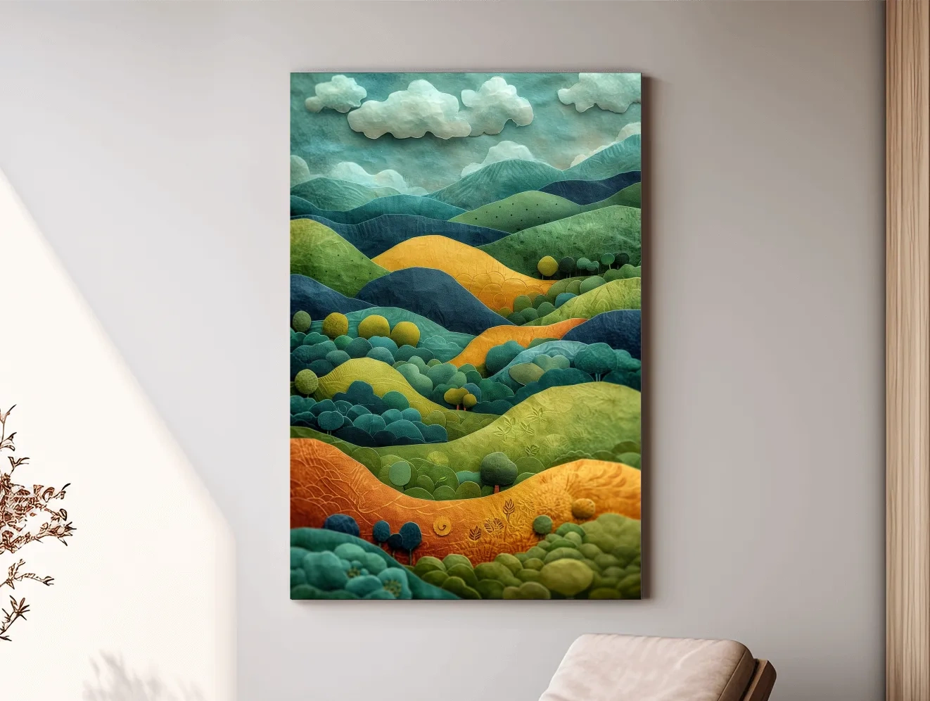 3D Layered Paper Cut Style Mountain Artwork - Whimsical Surreal Landscape Wall Art
