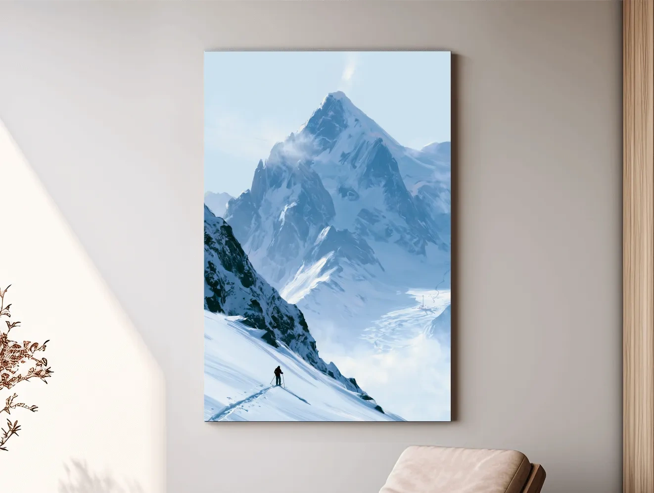 Backcountry Skier Alpine Peak Landscape - Minimalist Winter Mountain Wall Art