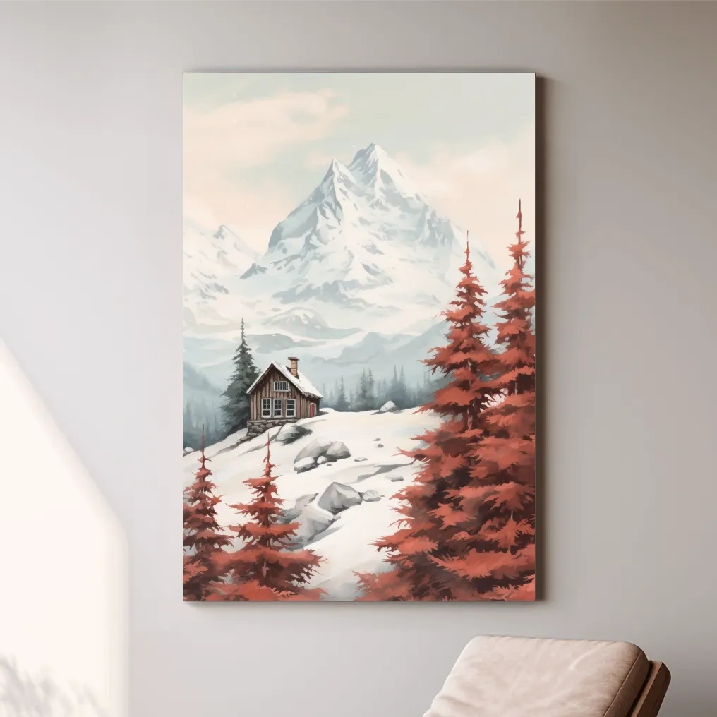 Painting of a snowy alpine scene, red fall leaves, an alpine cabin and glacier