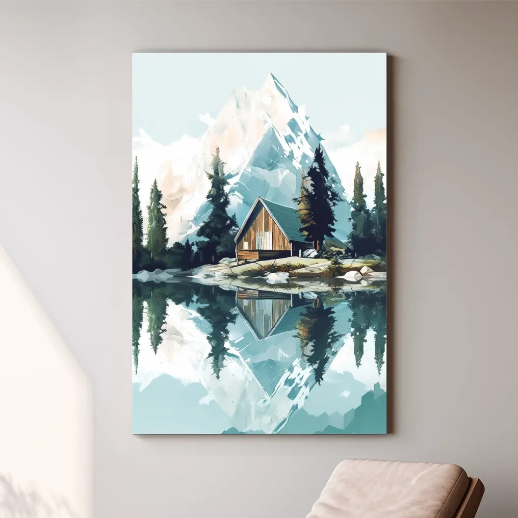 Serene Alpine Cabin Lake Painting - Mountain Landscape Wall Art