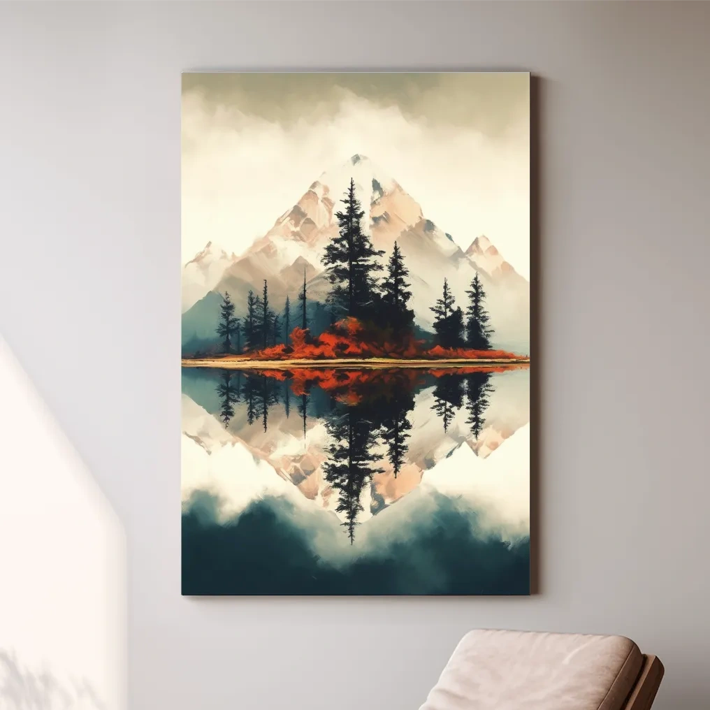 Minimal mountain art, trees by an alpine lake