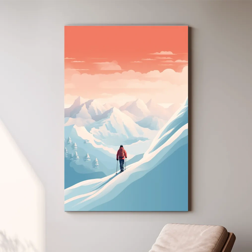 Backcountry Skier In Alpine Sunset - Minimalist Winter Mountains Wall Art