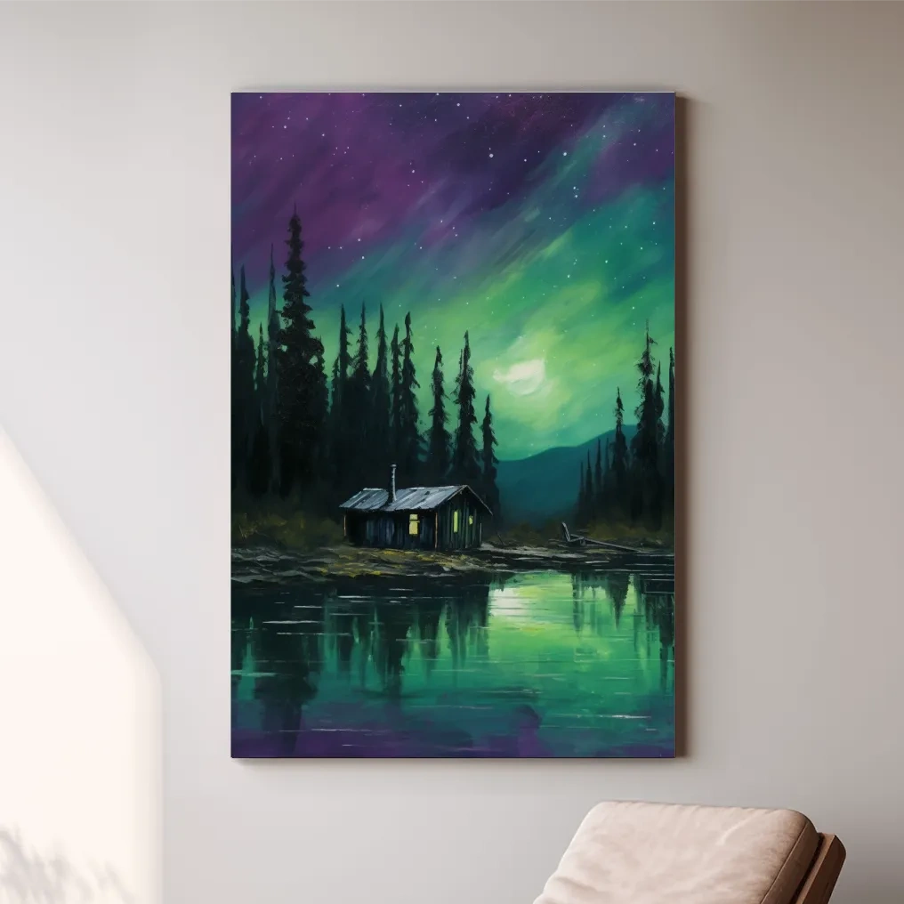 Painting of cabin by a lake under the northern lights night sky