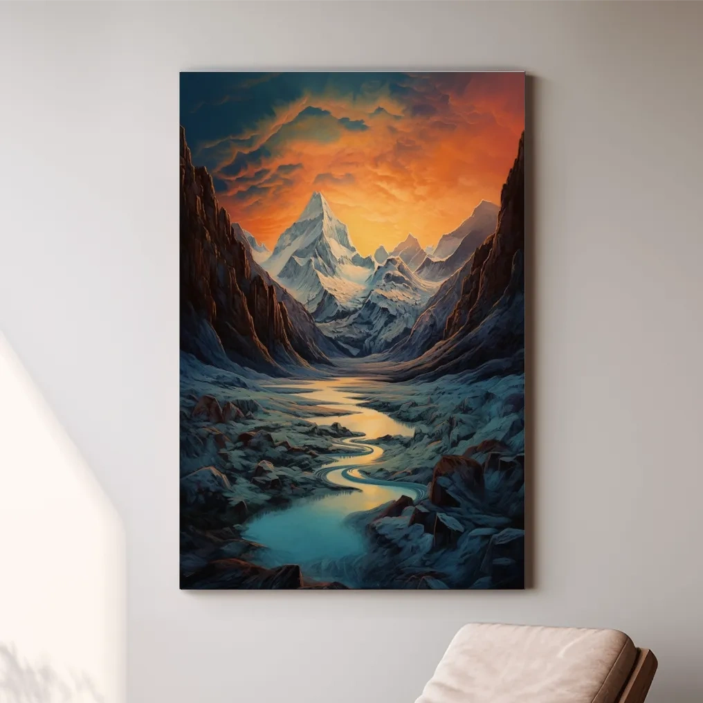 Oil painting of a glacier at sunset