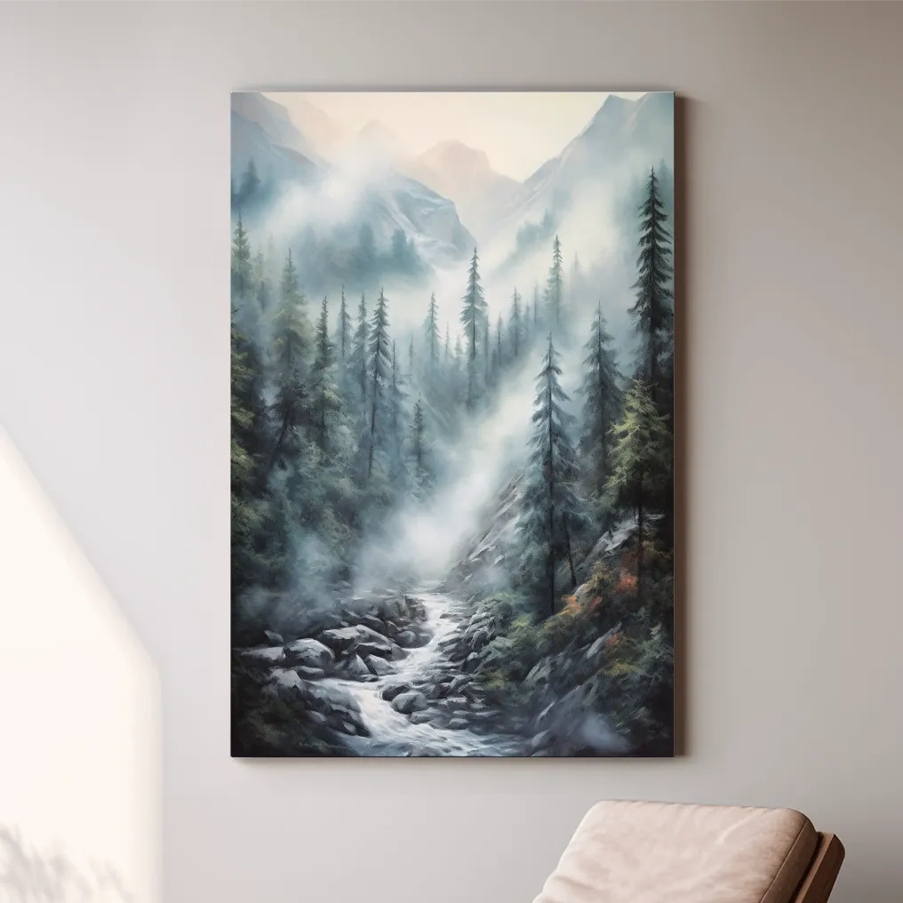 Painting of a foggy forest mountain and river scene