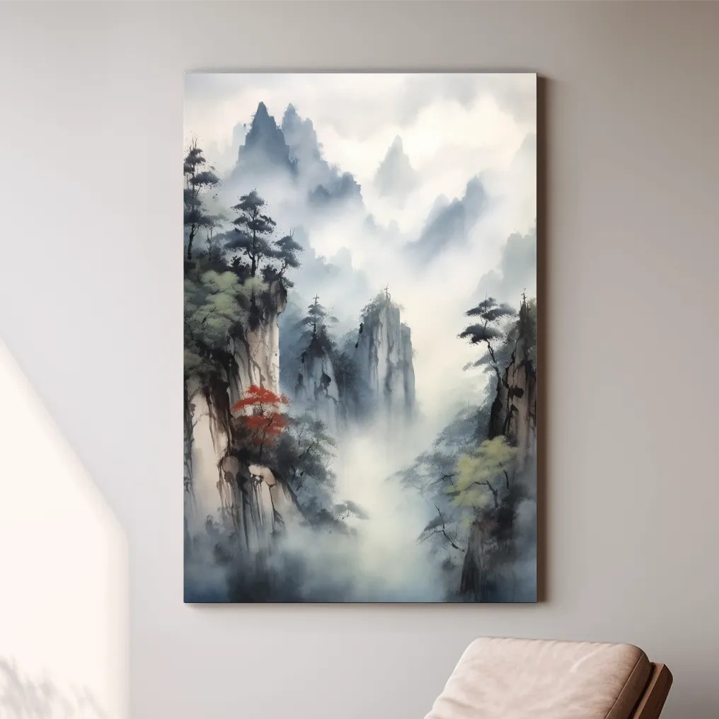 Chinese ink wash style watercolour painting of a misty mountain landscape