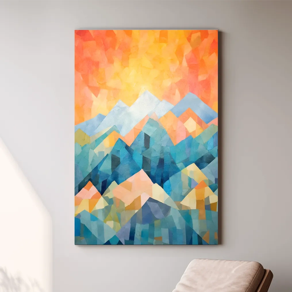 Abstract painting of a mountain scene at sunrise