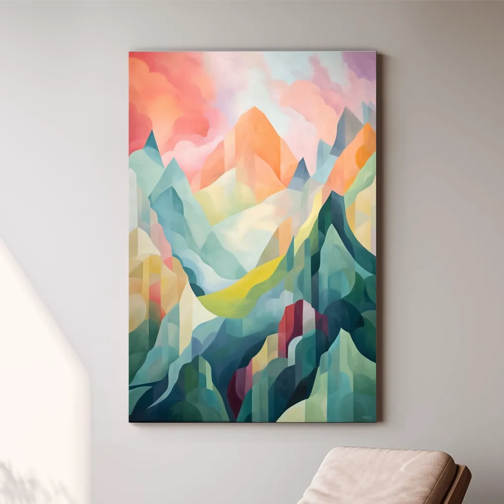 Abstract painting of mountains at sunset
